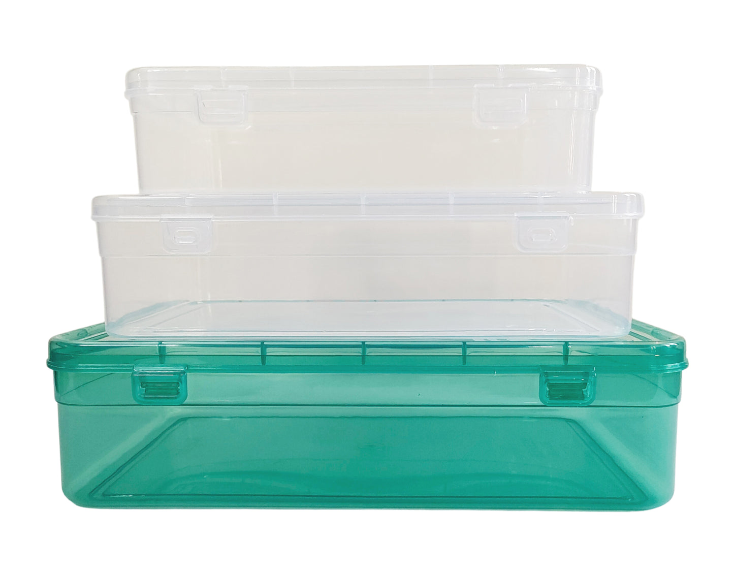 Feliz Green Coloured Plastic Large Storage Box Size 11.5x7.5x2.75 inches, Clear Plastic Storage Box Size 10.25x6.75x2.5 inches and Size 8.5x5.5x2.25 inches (Total 3 boxes)