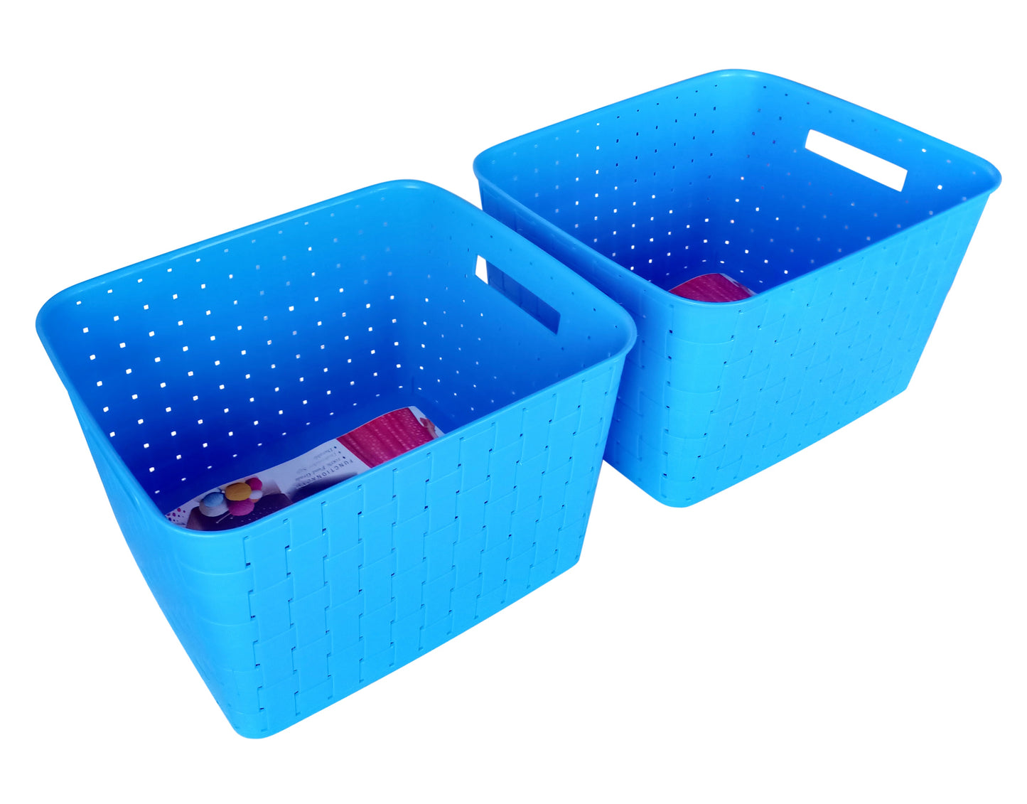 Plastic Checkered Extra Large Storage Baskets without lid Ocean Blue Colour upper & side view set of 2
