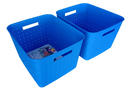 Plastic Checkered Extra Large Storage Baskets without lid Ocean Blue Colour side & upper view set of 2