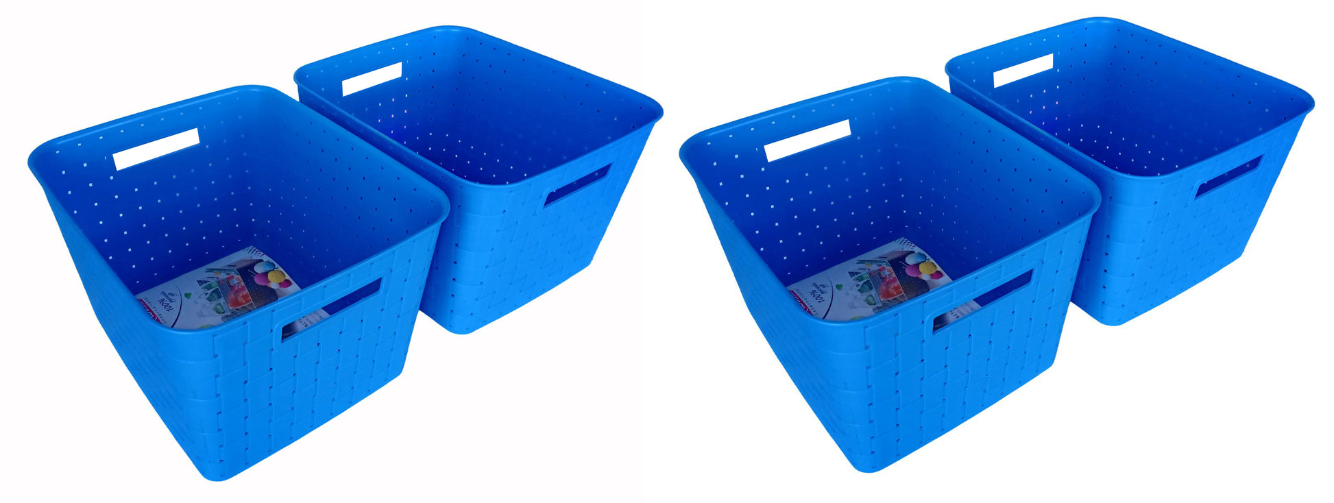 Plastic Checkered Extra Large Storage Baskets without lid Ocean Blue Colour upper & side view set of 4