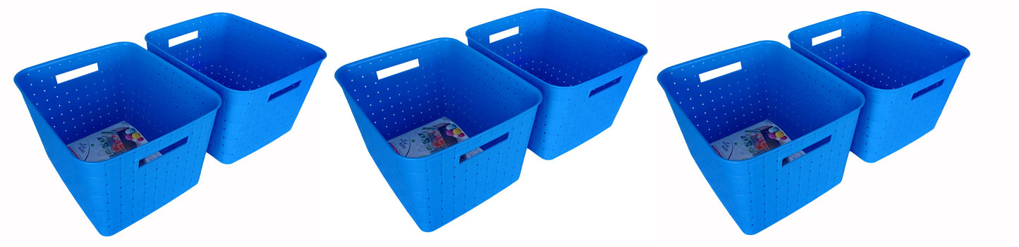 Plastic Checkered Extra Large Storage Baskets without lid Ocean Blue Colour upper & side view set of 6